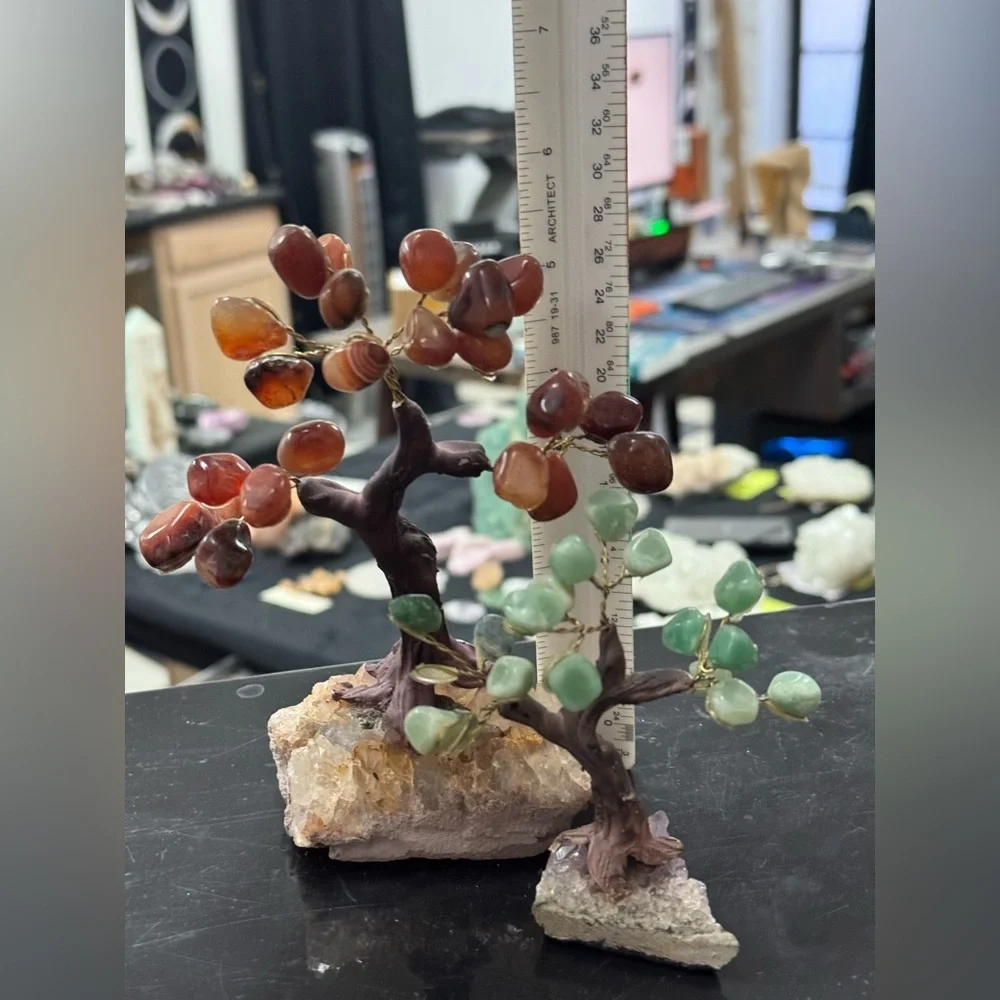 Crystal gem tree set. Green aventurine and carnelian. on an amethyst base.